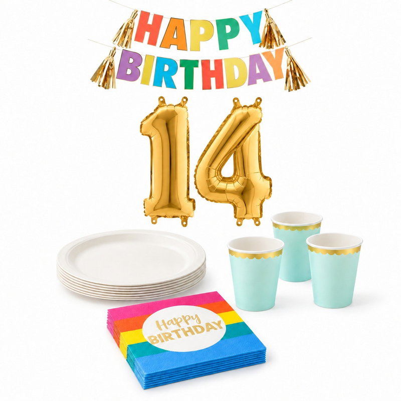 14-årskalas, Festivaltema – regnbåge och fest, kalaspaket, 6 gäster – paketets produkter