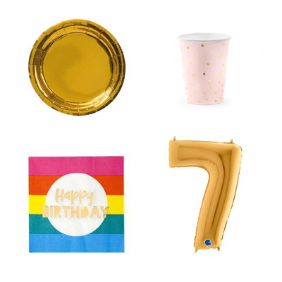 7-årskalas, Regnbågskalas, kalaspaket, 6 gäster – paketets produkter med sifferballong 100 cm