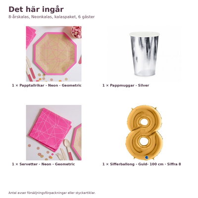 8-årskalas, Neonkalas, kalaspaket, 6 gäster – innehåll och antal, sifferballong 100 cm