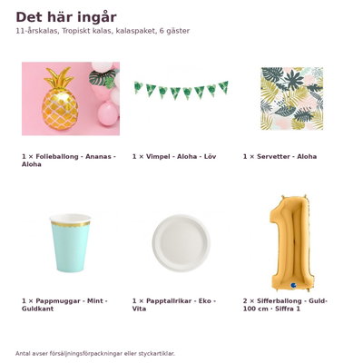 11-årskalas, Tropiskt kalas, kalaspaket, 6 gäster – innehåll och antal, sifferballong 100 cm