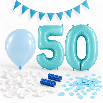 50-års festpaket, Blått, Stor – paketets dekorationer på vit bakgrund