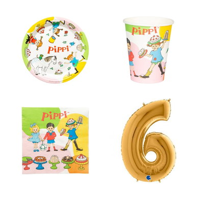 6-årskalas, Pippi Långstrump, kalaspaket, 8 gäster – paketets produkter med sifferballong 100 cm