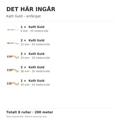 Det här ingår – Satinbandspaket – Kallt Guld – 8 rullar