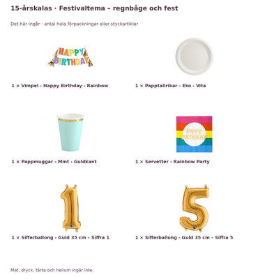 15-årskalas, Festivaltema – regnbåge och fest, kalaspaket, 6 gäster – innehåll och antal förpackningar