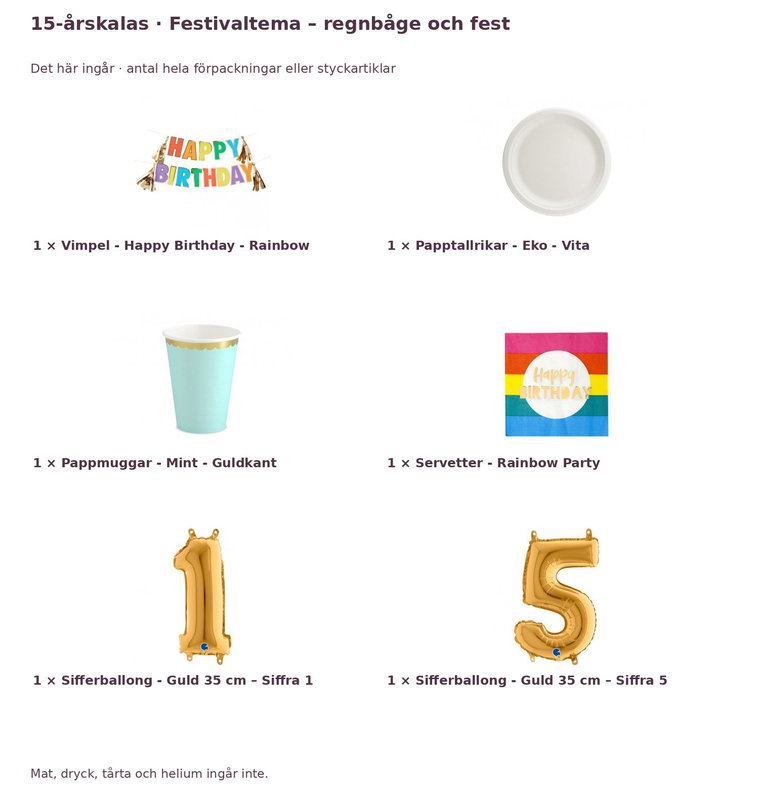 15-årskalas, Festivaltema – regnbåge och fest, kalaspaket, 6 gäster – innehåll och antal förpackningar