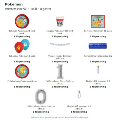 Pokémon – 10-årskalas – kalaspaket för 8 gäster – innehåll och antal