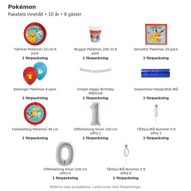 Pokémon – 10-årskalas – kalaspaket för 8 gäster – innehåll och antal