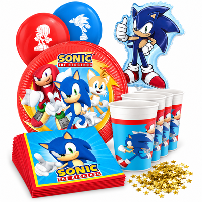 Sonic, kalaspaket med dukning och dekorationer, 16 gäster – samlad paketbild