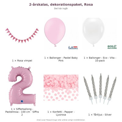 2-årskalas, dekorationspaket, Rosa – innehåll och antal förpackningar