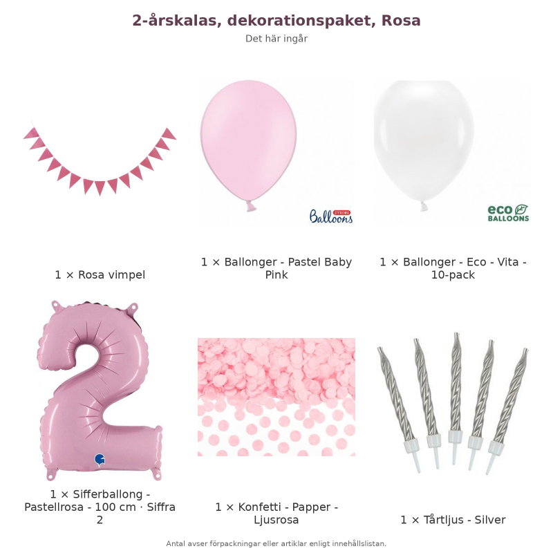 2-årskalas, dekorationspaket, Rosa – innehåll och antal förpackningar