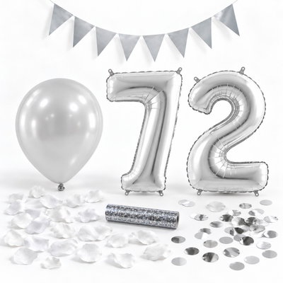 72-års festpaket, Silver, Stor – paketets dekorationer på vit bakgrund