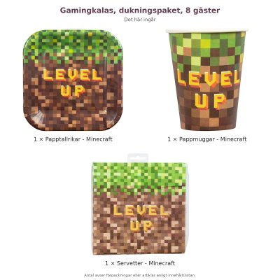 Gamingkalas, dukningspaket, 8 gäster – innehåll och antal förpackningar