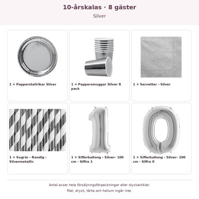 10-årskalas, Silver, kalaspaket, 8 gäster – innehåll och antal förpackningar