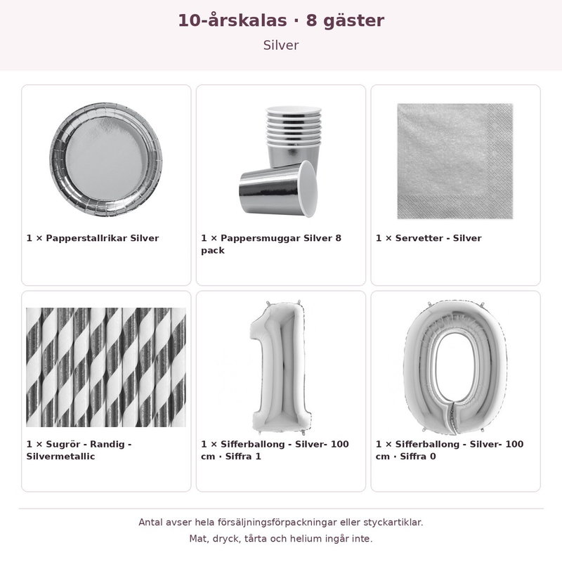 10-årskalas, Silver, kalaspaket, 8 gäster – innehåll och antal förpackningar