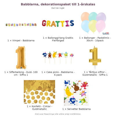 Babblarna, dekorationspaket till 1-årskalas – innehåll och antal förpackningar