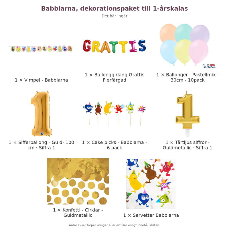 Babblarna, dekorationspaket till 1-årskalas – innehåll och antal förpackningar