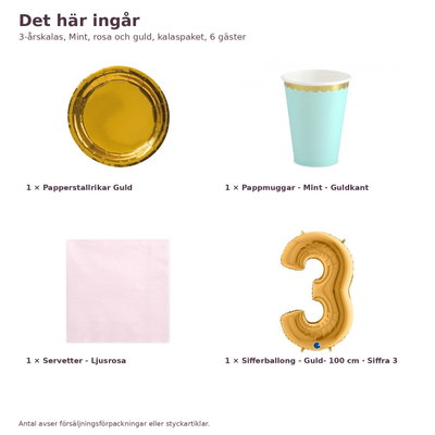 3-årskalas, Mint, rosa och guld, kalaspaket, 6 gäster – innehåll och antal, sifferballong 100 cm