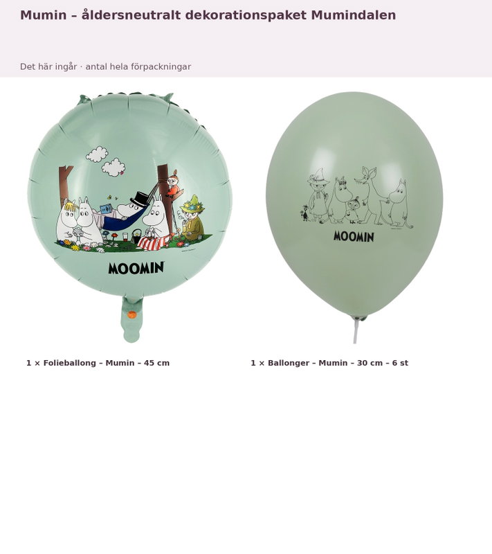 Mumin – åldersneutralt dekorationspaket Mumindalen – innehåll och antal