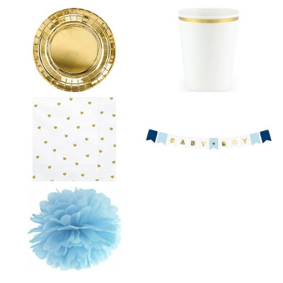 Babyshower pojke – guld och blått – fikapaket, 12 gäster – produktöversikt