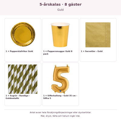 5-årskalas, Guld, kalaspaket, 8 gäster – innehåll och antal förpackningar