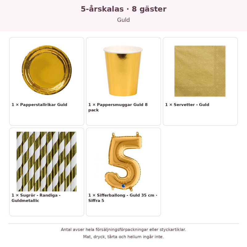 5-årskalas, Guld, kalaspaket, 8 gäster – innehåll och antal förpackningar