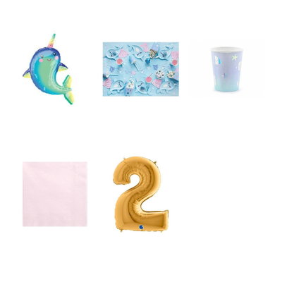 2-årskalas, Lilla havet – narval, kalaspaket, 6 gäster – paketets produkter med sifferballong 100 cm