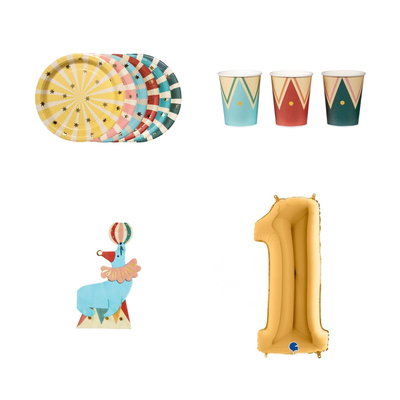 1-årskalas, Cirkuskalas, kalaspaket, 6 gäster – paketets produkter med sifferballong 100 cm