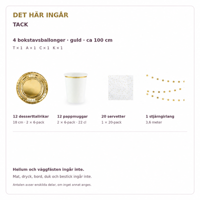 Innehåll och exakta antal – TACK, 100 cm bokstäver och dukning för 12