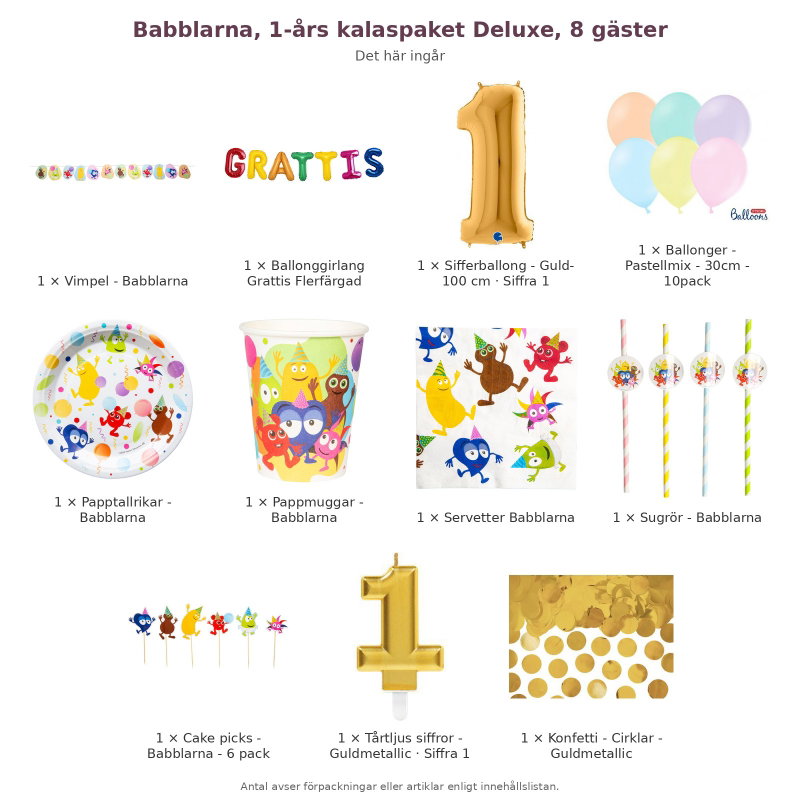 Babblarna, 1-års kalaspaket Deluxe, 8 gäster – innehåll och antal förpackningar