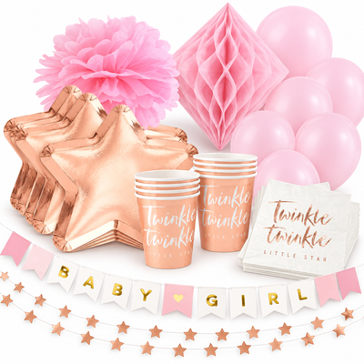 Babyshower flicka – roséguld och rosa – fika och dekorationer, 12 gäster – samlat paketinnehåll