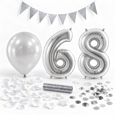 68-års festpaket, Silver, Stor – paketets dekorationer på vit bakgrund