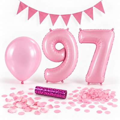 97-års festpaket, Rosa, Stor – paketets dekorationer på vit bakgrund