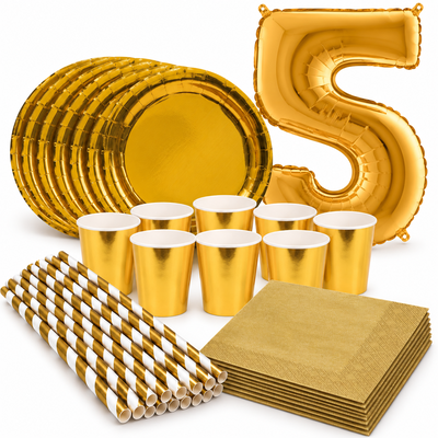 5-årskalas, Guld, kalaspaket, 8 gäster – samlat paketinnehåll