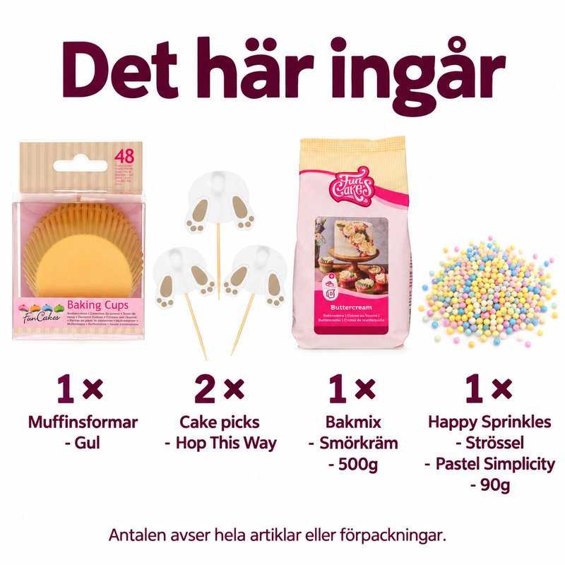 Påskcupcakes – dekorera 12 med har-picks och pastellströssel – innehåll och antal