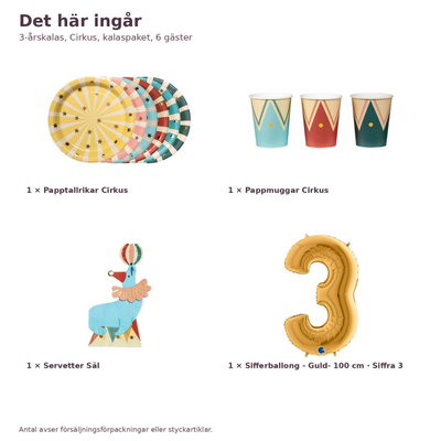 3-årskalas, Cirkus, kalaspaket, 6 gäster – innehåll och antal, sifferballong 100 cm