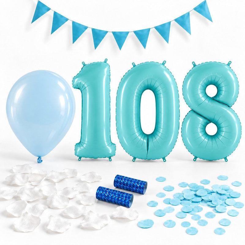 108-års festpaket, Blått, Stor – paketets dekorationer på vit bakgrund