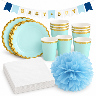 Babyshower pojke – mint och blått – fikapaket, 12 gäster – samlat paketinnehåll