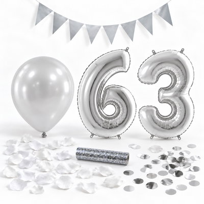 63-års festpaket, Silver, Stor – paketets dekorationer på vit bakgrund