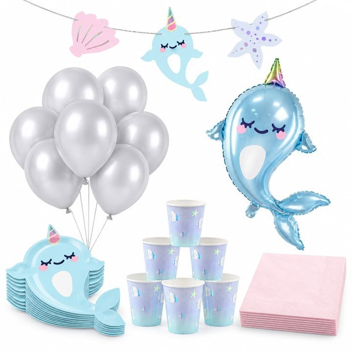 Narwhal, kalaspaket med dekorationer, 16 gäster