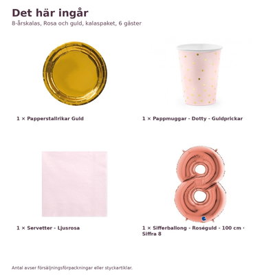 8-årskalas, Rosa och guld, kalaspaket, 6 gäster – innehåll och antal, sifferballong 100 cm