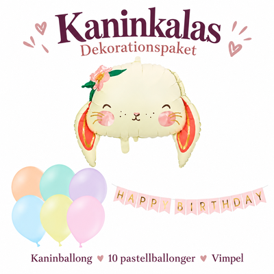 Kaninkalas, dekorationspaket med kaninballong och girlang – översikt av ingående delar