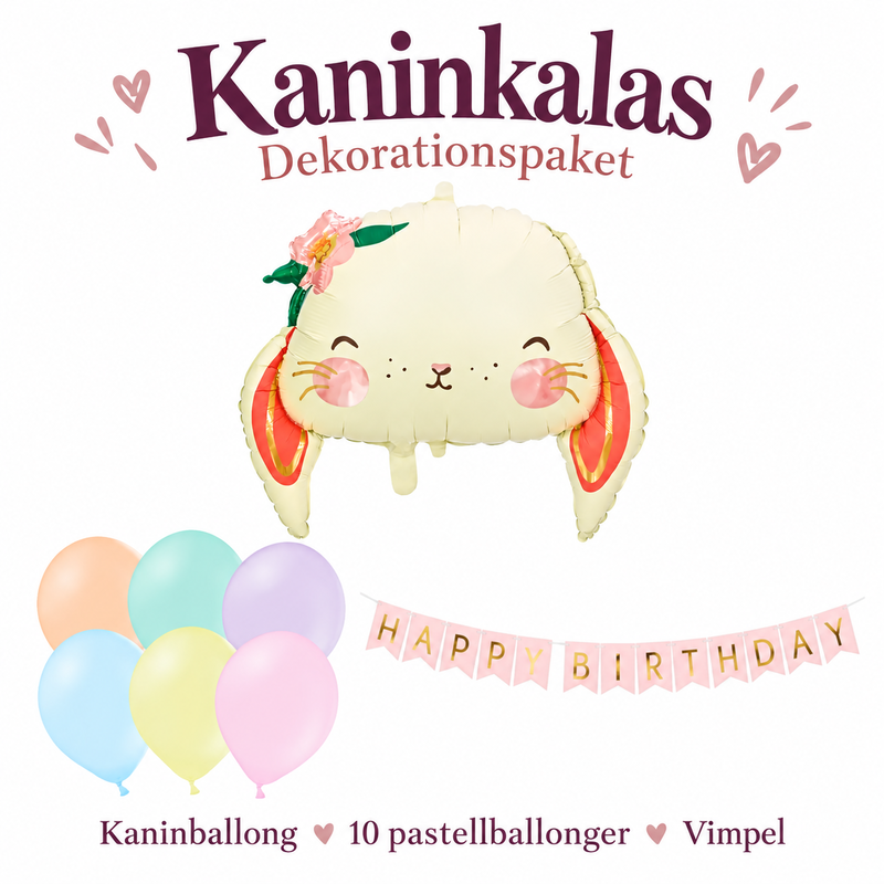 Kaninkalas, dekorationspaket med kaninballong och girlang – översikt av ingående delar
