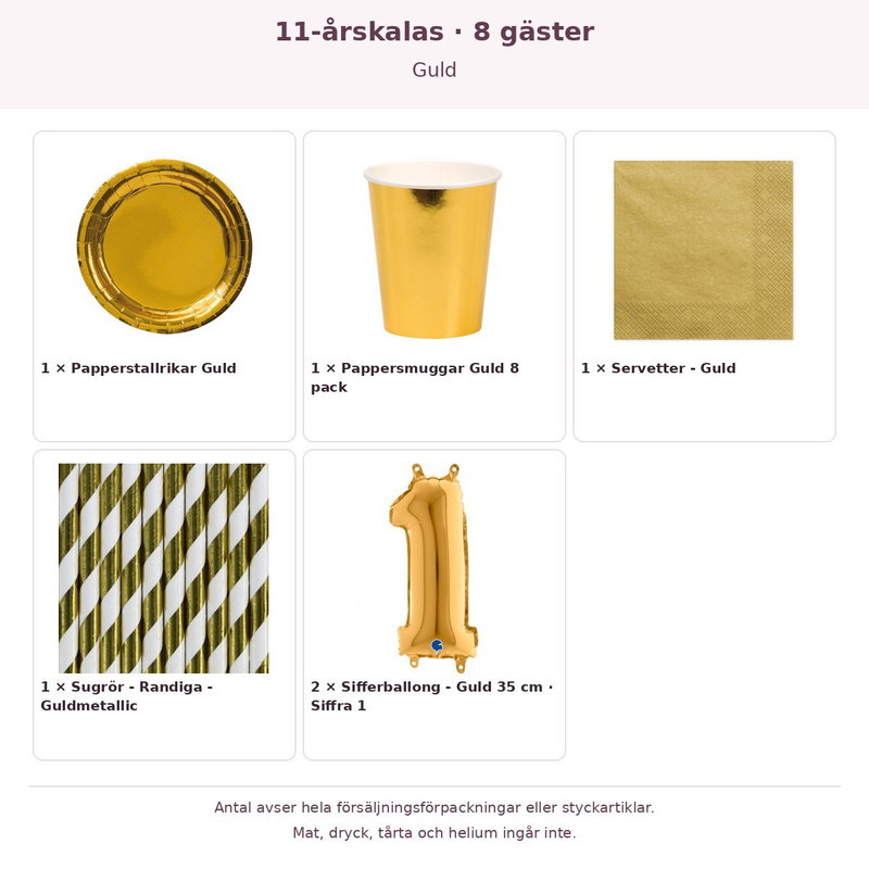 11-årskalas, Guld, kalaspaket, 8 gäster – innehåll och antal förpackningar