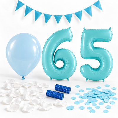 65-års festpaket, Blått, Stor – paketets dekorationer på vit bakgrund