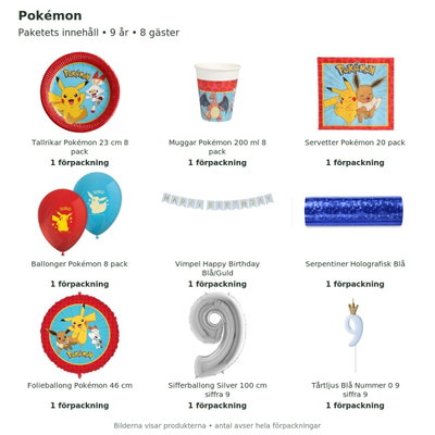 Pokémon – 9-årskalas – kalaspaket för 8 gäster – innehåll och antal