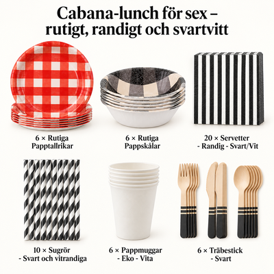 Cabana-lunch för sex – rutigt, randigt och svartvitt – innehåll och antal försäljningsförpackningar
