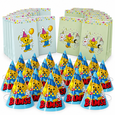 Bamse – kalaspåsar och partyhattar för 24 barn – paketets produkter