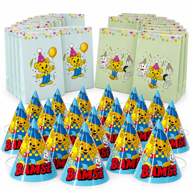 Bamse – kalaspåsar och partyhattar för 24 barn – paketets produkter