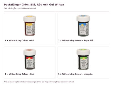 Pastafärger Grön, Blå, Röd och Gul Wilton – innehåll och antal förpackningar