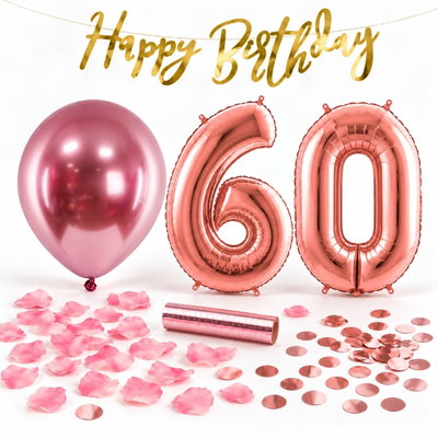 60-års festpaket, Roséguld, Stor – paketets dekorationer på vit bakgrund